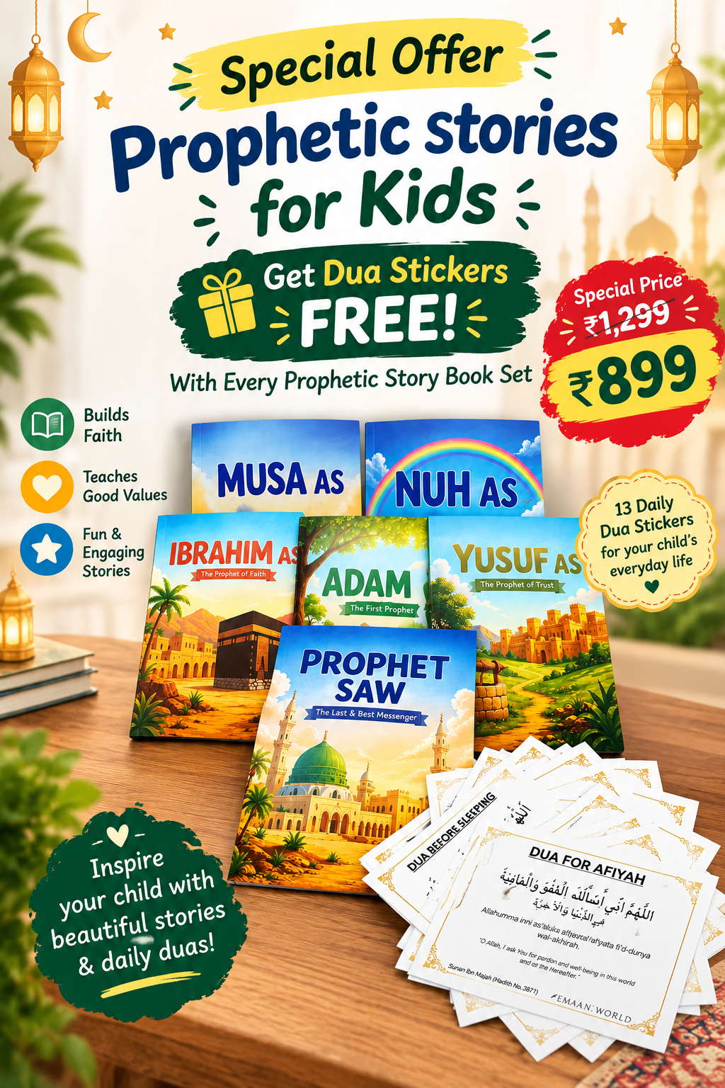 Prophetic Stories for Kids+ Get 13 Daily Dua Stickers FREE.